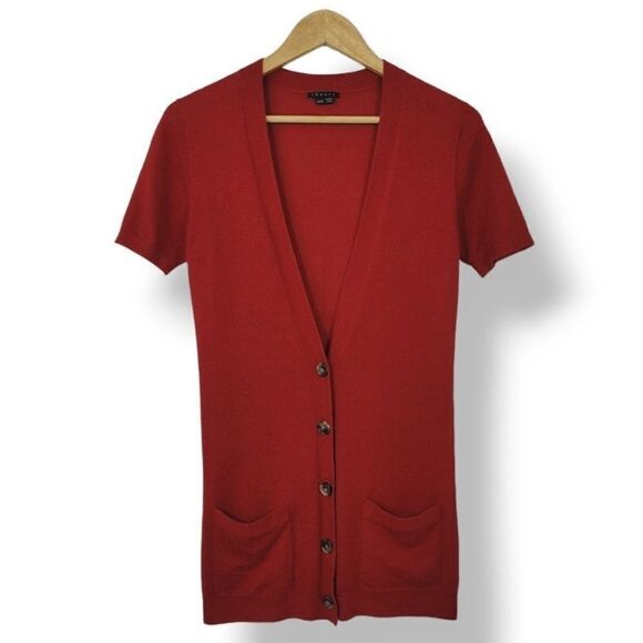 Theory Gwyneth Cashmere Button Down Short Sleeve Cardigan in Red Size P/0 - Picture 3 of 14